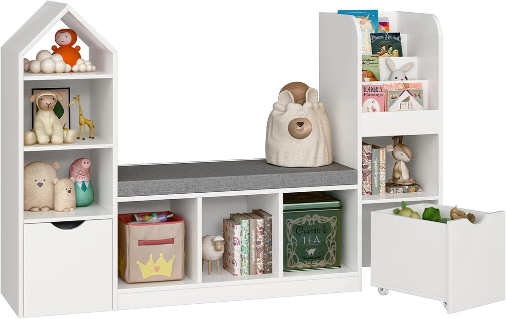 Befrases 55.12''Kids Bookshelf with Reading Nook, Toy Storage Organizer with Seat Cushion and 2 Movable Drawers, Kids Bookcase Toy Organizers with 7 Storage Cubbies, for Playroom, Bedroom, White