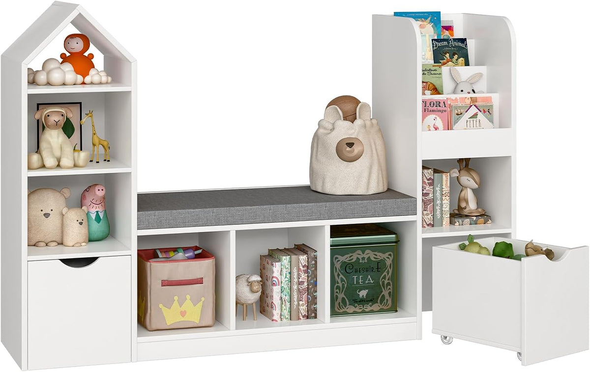 Befrases 55.12''Kids Bookshelf with Reading Nook, Toy Storage Organizer with Seat Cushion and 2 Movable Drawers, Kids Bookcase Toy Organizers with 7 Storage Cubbies, for Playroom, Bedroom, White