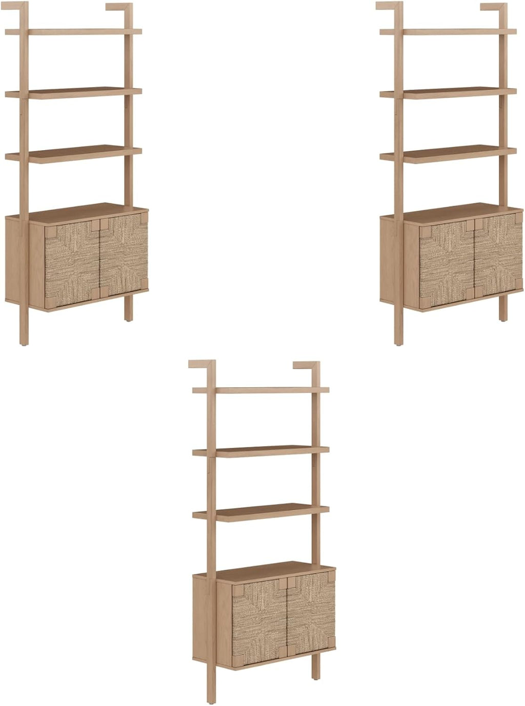 Nathan James Beacon 3-Shelf Bookcase with Seagrass Cabinet, Solid Wood Bookshelf with Storage with Solid Wood Frame, Seagrass/Raw Oak Set of 3