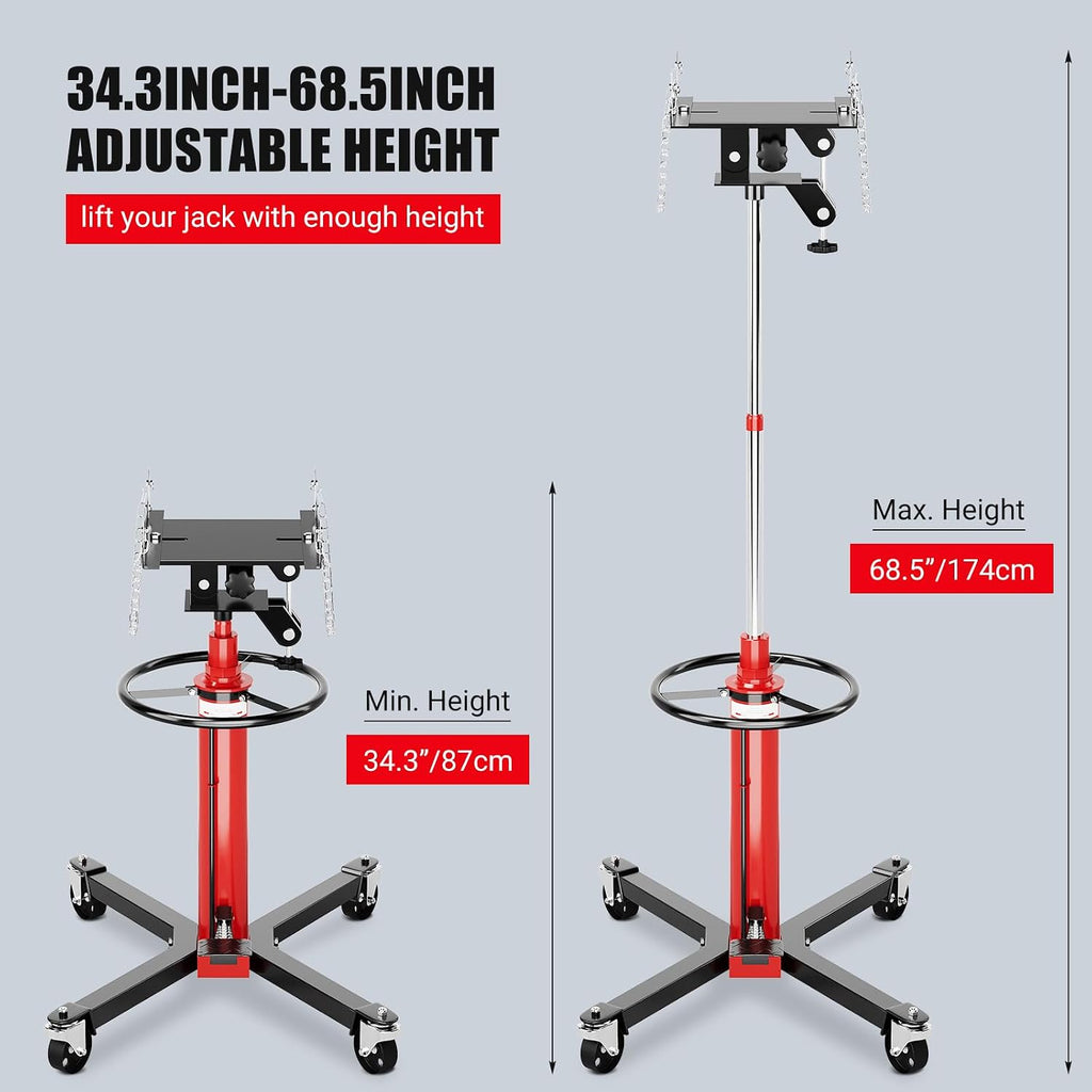 1320lbs Capacity Transmission Jack High Lift, Hydraulic Jack for Car 2-Stage Telescopic, 34.3'-68.5' Adjustable Height, Foot Pedal & 360° Swivel Wheels