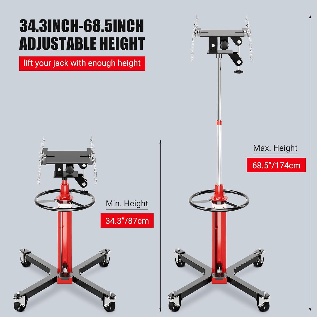 1320lbs Capacity Transmission Jack High Lift, Hydraulic Jack for Car 2-Stage Telescopic, 34.3'-68.5' Adjustable Height, Foot Pedal & 360° Swivel Wheels