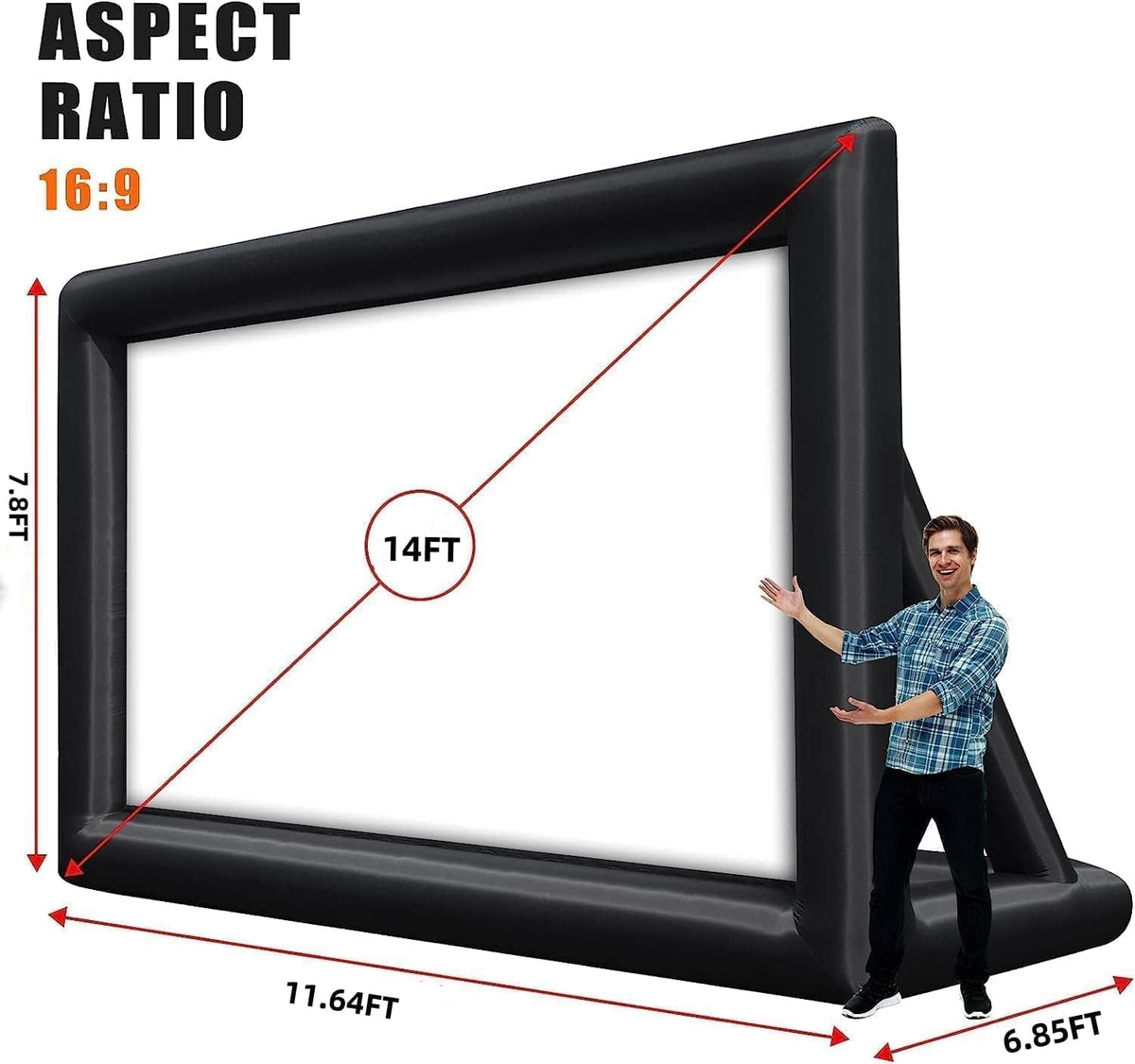 14FT/4.9m Rapid-Deployment Cinema Screen，250W Turbocharged Inflation System & Paracord 500-lb Tensile Straps，Dual-Surface 90% for Sports Events, Commercial Campgrounds, Mobile Cinemas