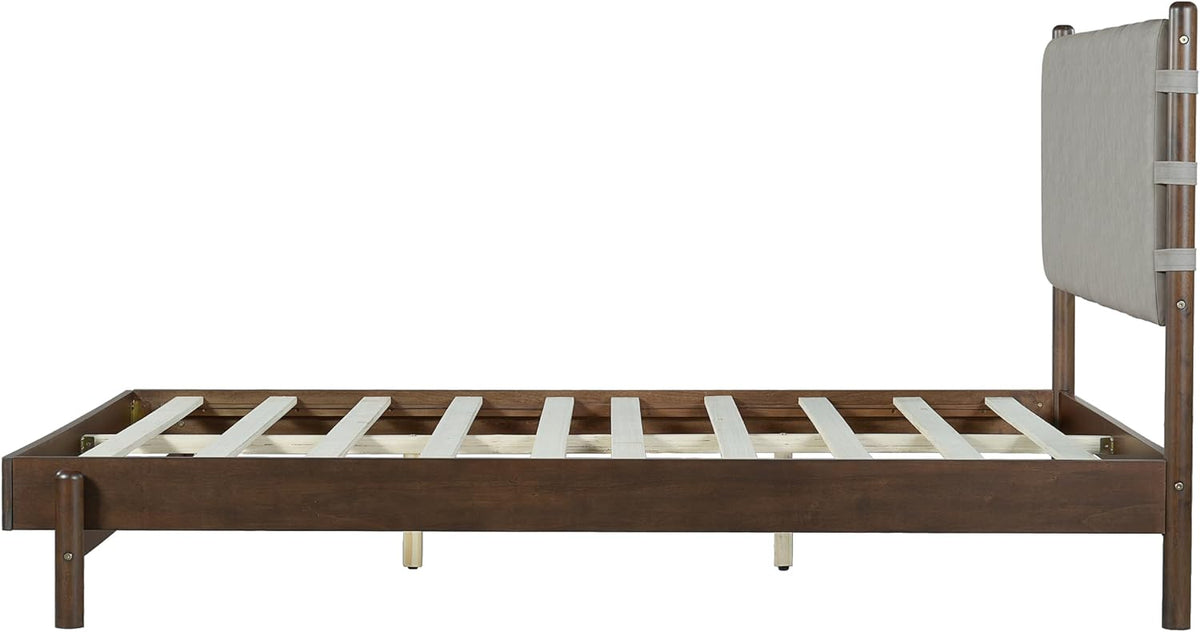 Queen Bedroom Set, Queen Size Platform Bed Frame with 2 Bedside Tables and Headboard Included, Mid Century Modern Wood Bed Frames, Slat Support (Light Gray + Walnut, Queen)