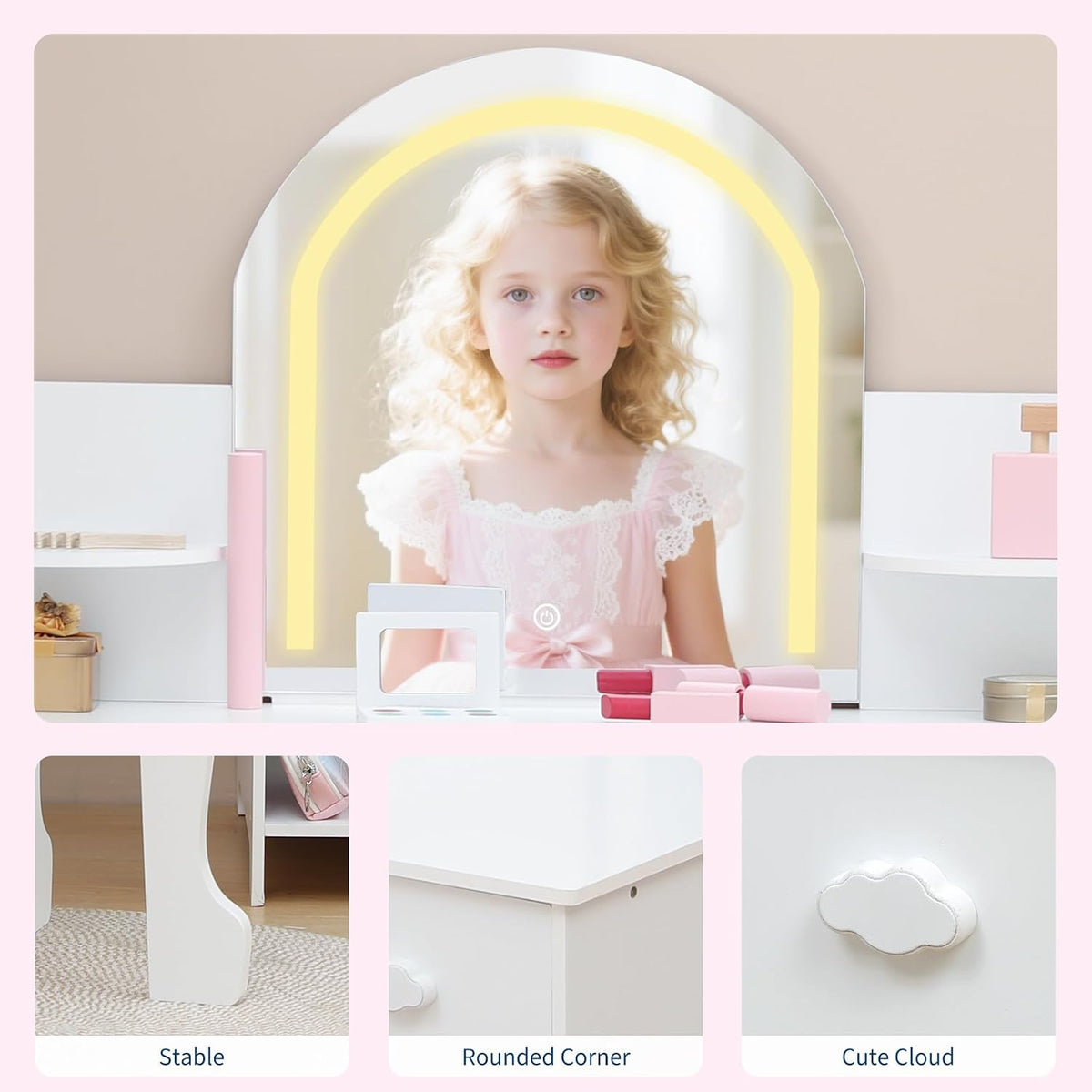 Garvee Kids Vanity with Lighted Mirror & Stool, Little Girls Vanity and Wooden Makeup Playset with Adjustable LED Light, Bookshelf, Storage Drawer & Shelves for Girls 3-9, White