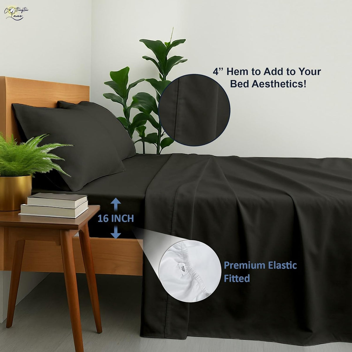 Cottinton Lane 8 Piece King Size Sheet Set, Premium 100% Cotton Bed Sheets Sets, 16 Inch Deep Pocket with Elastic All Around, Soft & Luxurious Hotel Quality Sheets, Dark Grey Solid