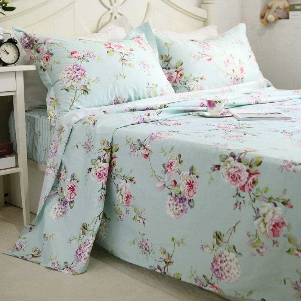 FADFAY Bed in a Bag Set 7-Pieces Shabby Floral Bedding Set Queen Size Premium 100% Cotton Hydrangea French Country Deep Pocket Sheets Zipper Duvet Cover Pillow Shams Set