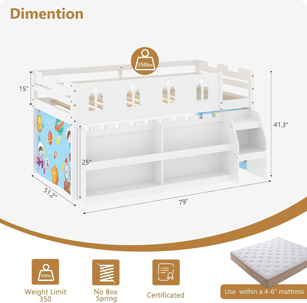 JOYMOR Low Loft Bed with LED Lights, Twin Loft Bed with Stairs, Safety Guardrail, Curtain, Wooden Bed Frame for Kids with Storage Bookcase and Under-Bed Play Space (White)