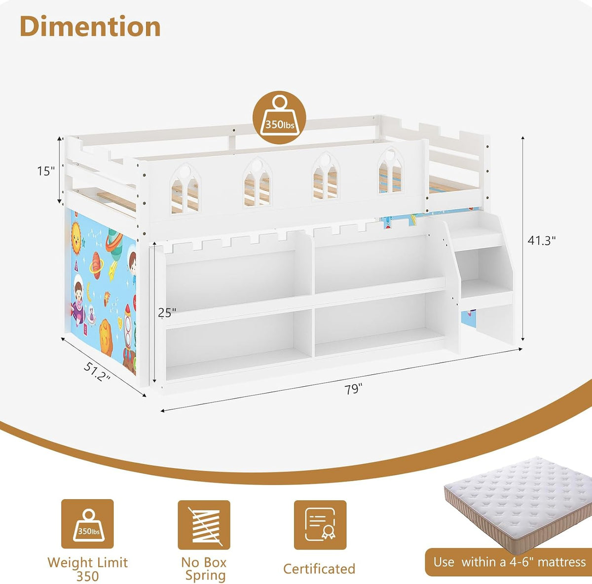 JOYMOR Low Loft Bed with LED Lights, Twin Loft Bed with Stairs, Safety Guardrail, Curtain, Wooden Bed Frame for Kids with Storage Bookcase and Under-Bed Play Space (White)