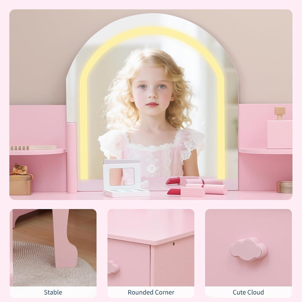 Garvee Kids Vanity with Lighted Mirror & Stool, Little Girls Vanity and Wooden Makeup Playset with Adjustable LED Light, Bookshelf, Storage Drawer & Shelves for Girls 3-9, Pink