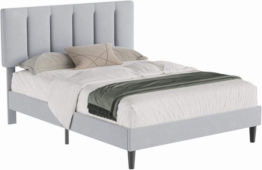 VECELO Full Bed Frame with Upholstered Headboard, Heavy-Duty Platform Bedframe with Strong Wooden Slats Support, No Boxing Spring Needed, Light Grey