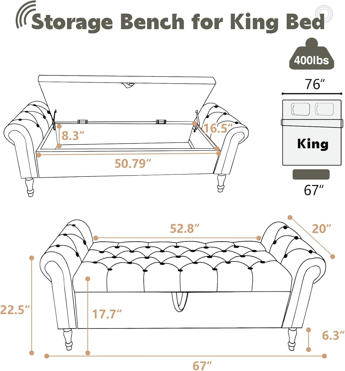 67'' Storage Bench for Bedroom End of Bed, Storage Bench for King Size Bed, Upholstered Tufted Storage Ottoman Benches with Arms for Living Room Entryway,Velvet Black