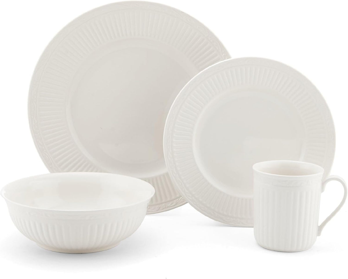 Mikasa Italian Countryside 16-Piece Dinnerware Set - Classic White Porcelain with Fluted Bands, Service for 4 - Dinner Plates, Salad Plates, Bowls, and Mugs, Microwave & Dishwasher Safe