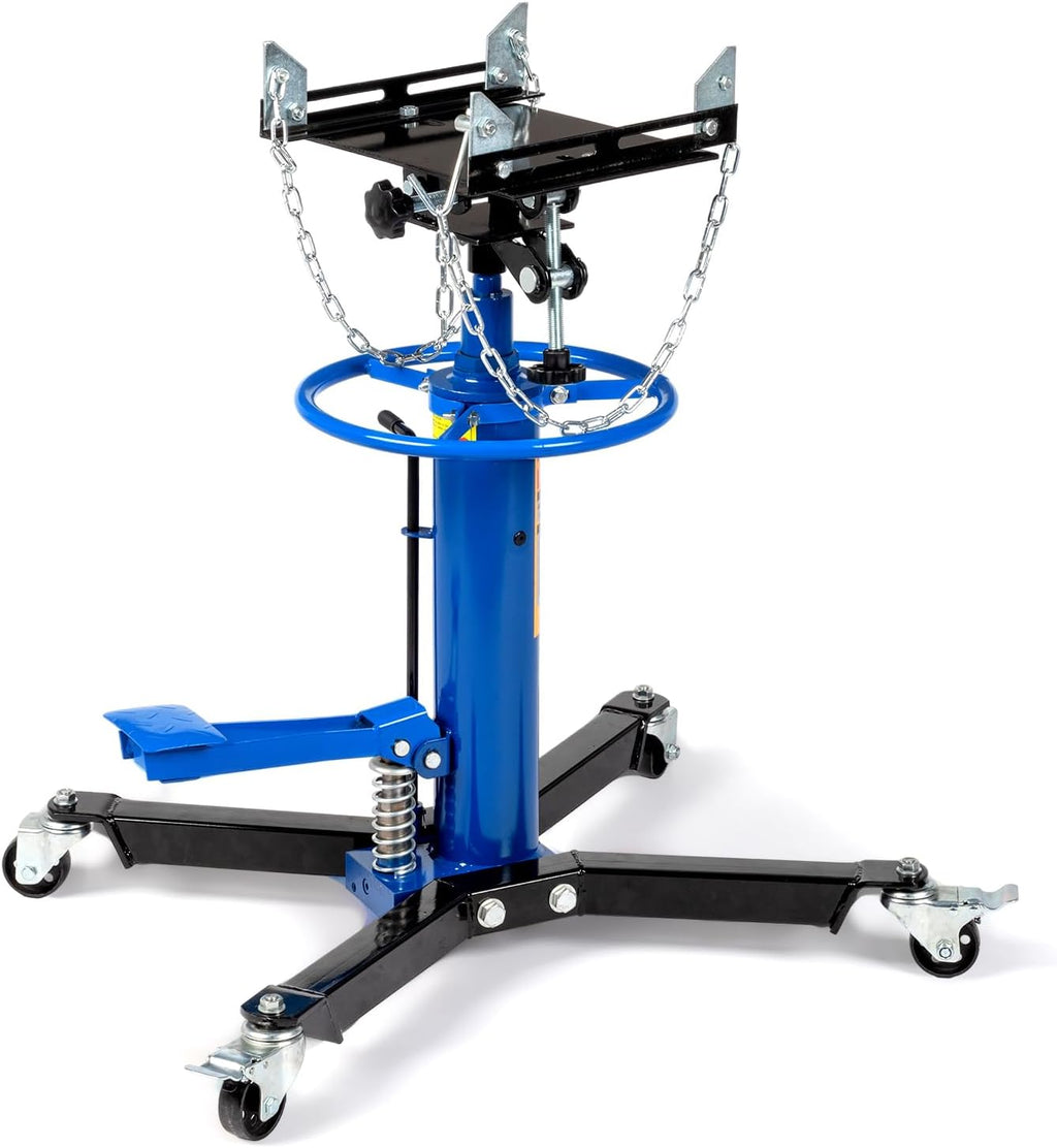 TUFFIOM Transmission Jack, 1100 lbs 1/2Ton Hydraulic 2-Stage High Lift Vertical Telescoping Floor Jack Stand, 34' to 68' Lifting Range, w/Pedal, 360° Swivel Wheels, Garage/Shop Lift Hoist, Blue