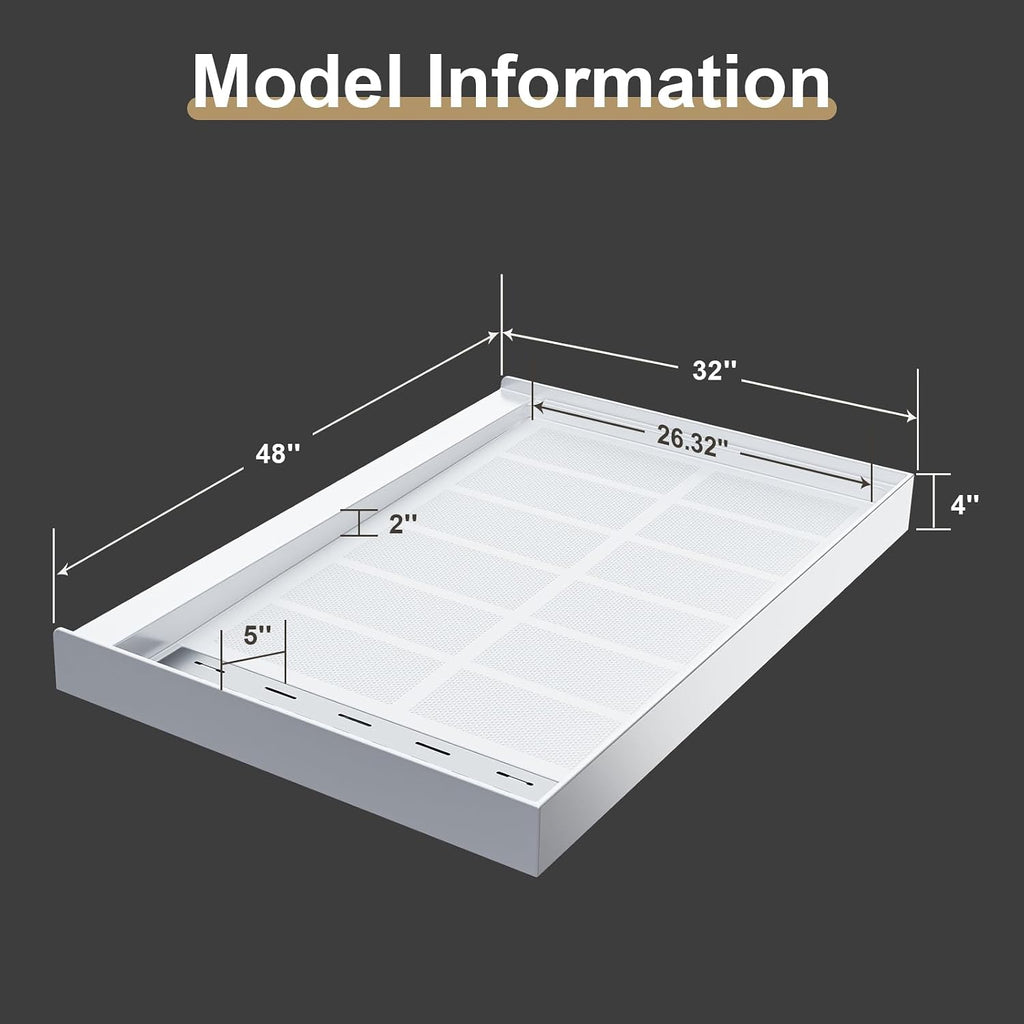 Shower Pan 48' x 32' Non-Slip SMC Shower Base, Right Drain with 304 Stainless Steel Square Drain Cover, Single Threshold Floor Shower Tray Kit for Easy Installation, White