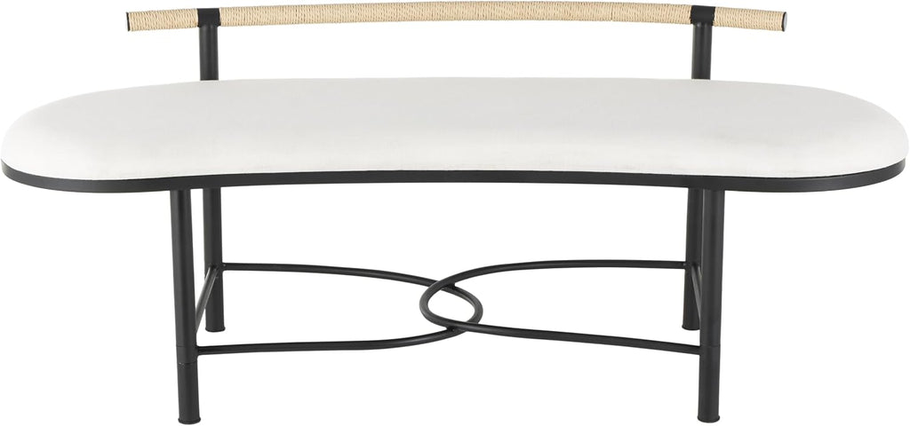 Deco 79 Metal Abstract Home Bench Upholstered Oval Entryway Bench with Black Metal Frame and Rope Rod Backrest, Bedroom Bench 60' x 23' x 24', White