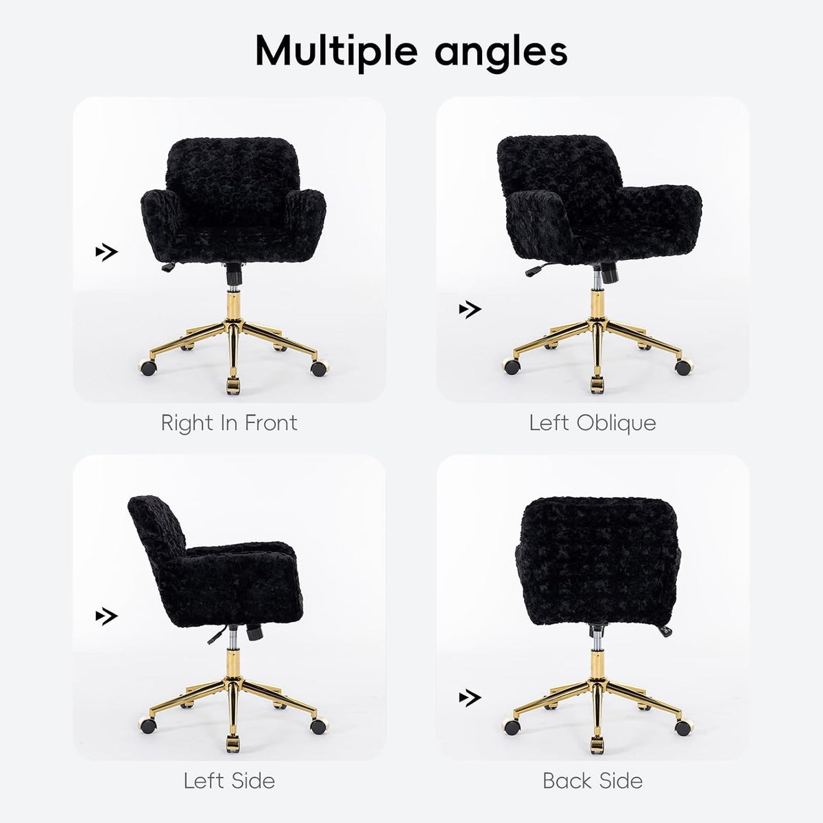 Plush Faux Fur Desk & Vanity Chair with Gold Base – Comfy Adjustable Girls Desk Chair, Makeup Chair, 360° Swivel, Tilt Backrest, Rolling Wheels – Modern Chic Home Office Seating,Black