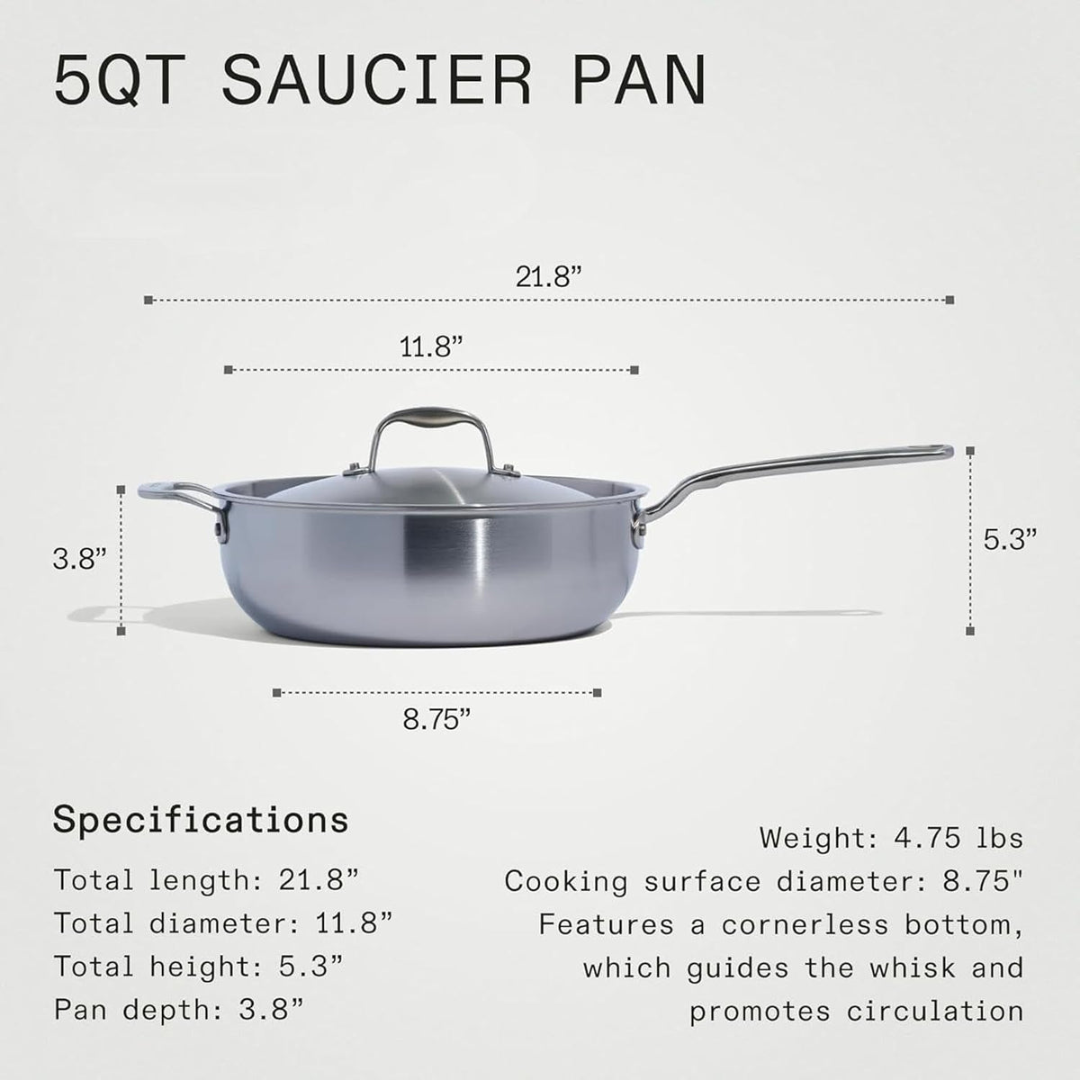 5 Quart Stainless Steel Saucier Pan - 5 Ply Stainless Clad - Professional Cookware - Induction Compatible