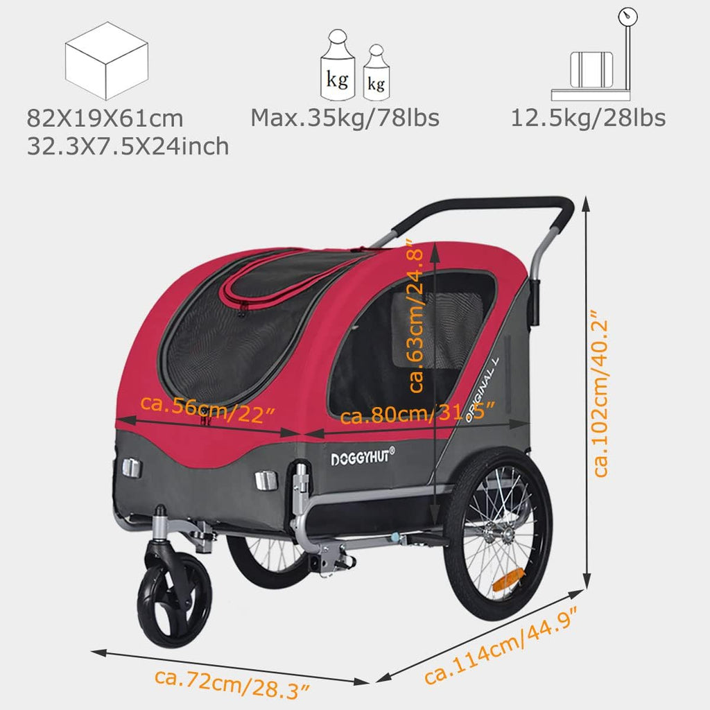 Doggyhut Original Large Pet Bike Trailer & Stroller 2-in-1,for Dogs up to 78 lbs,Parking Brakes,Easy Folding Cart Frame, Quick Release Wheel, Universal Bicycle Coupler (Red)