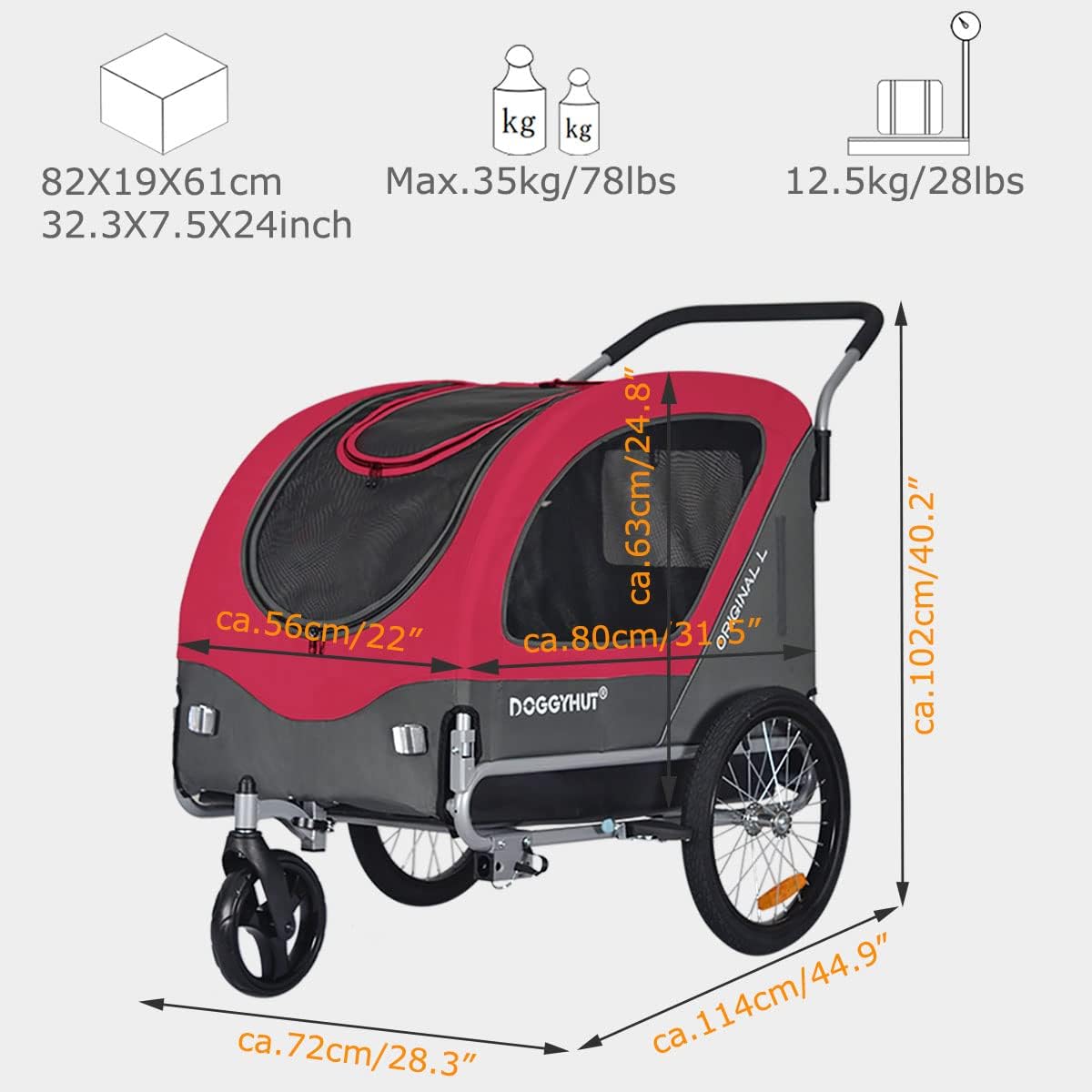 Doggyhut Original Large Pet Bike Trailer & Stroller 2-in-1,for Dogs up to 78 lbs,Parking Brakes,Easy Folding Cart Frame, Quick Release Wheel, Universal Bicycle Coupler (Red)