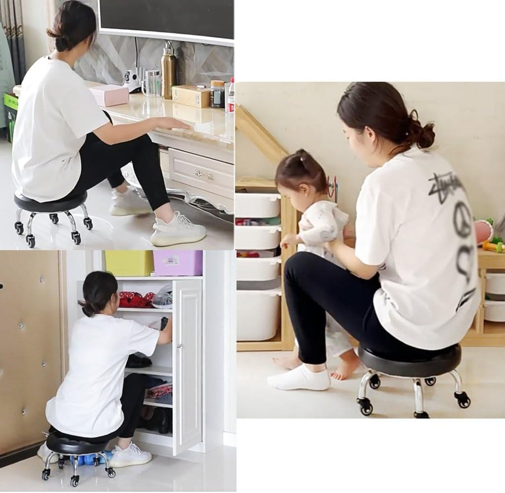 Heavy-Duty Low Roller Stool with 360° Swivel Wheels, Ottoman Footstool, Low-Height Short Rolling Stool Seat, PU Leather Small Mechanic Chair, Rolling Stools for Garage, Shop, Library Black