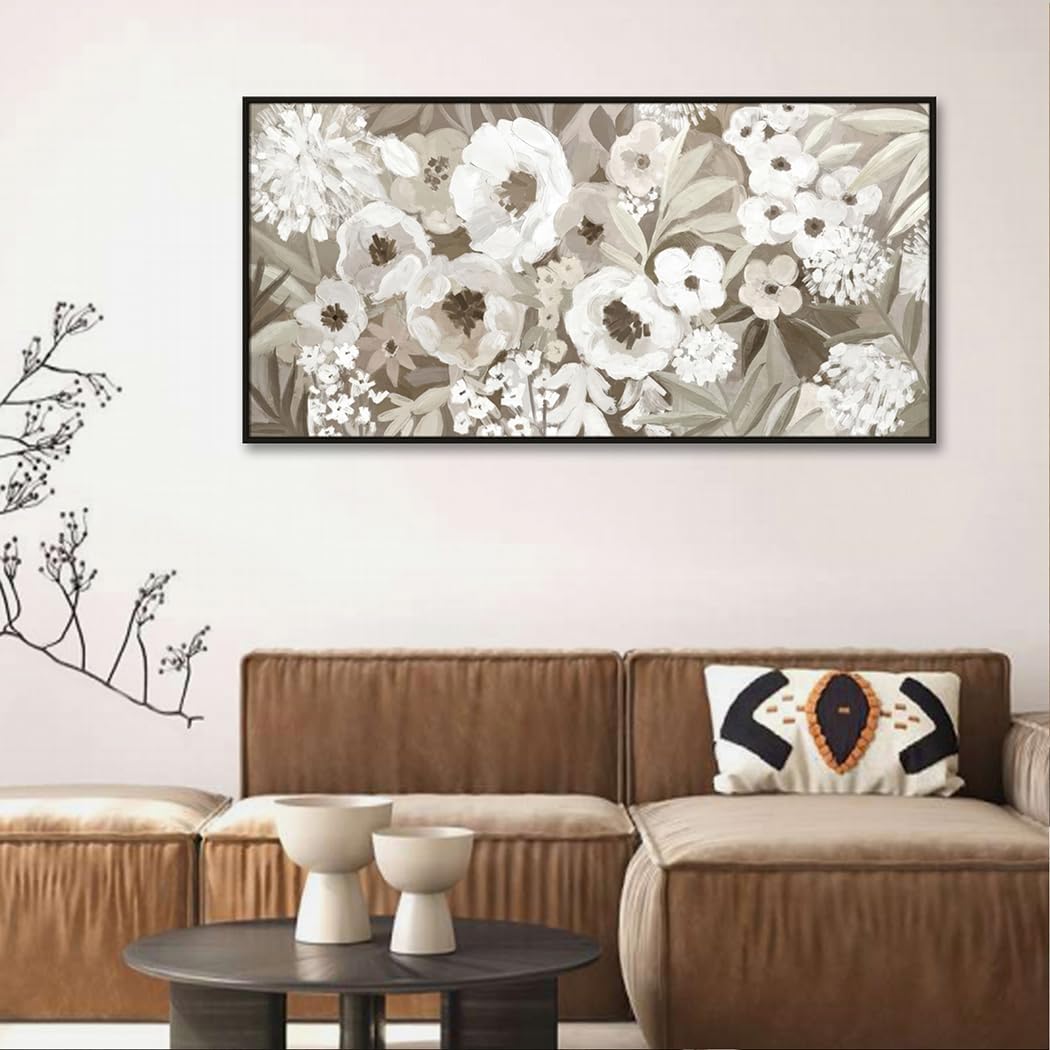 Framed Floral Canvas Wall Art, Gray and White Poppy Flowers Artwork for Boho Living Room Bedroom Office Decor, 24 x 48 Inch