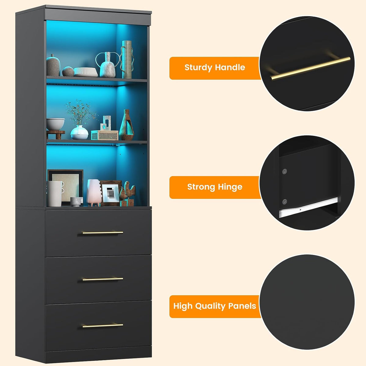 Winkalon 71'H Black Bookshelf with LED Light, Bookcase and Bookshelf with Drawers, Tall Bookcase Tall Storage Cabinet 3-Tier Open Shelves for Home Office Living Room Hallway, 15.8'D x 23.6'W x 70.9'H