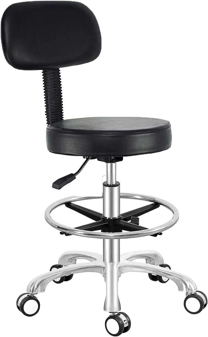Antlu Rolling Adjustable Stool Drafting Chair for Office Shop Kitchen Medical Salon,Swivel Stool with Wheels and Back (Black, with Foot Ring)