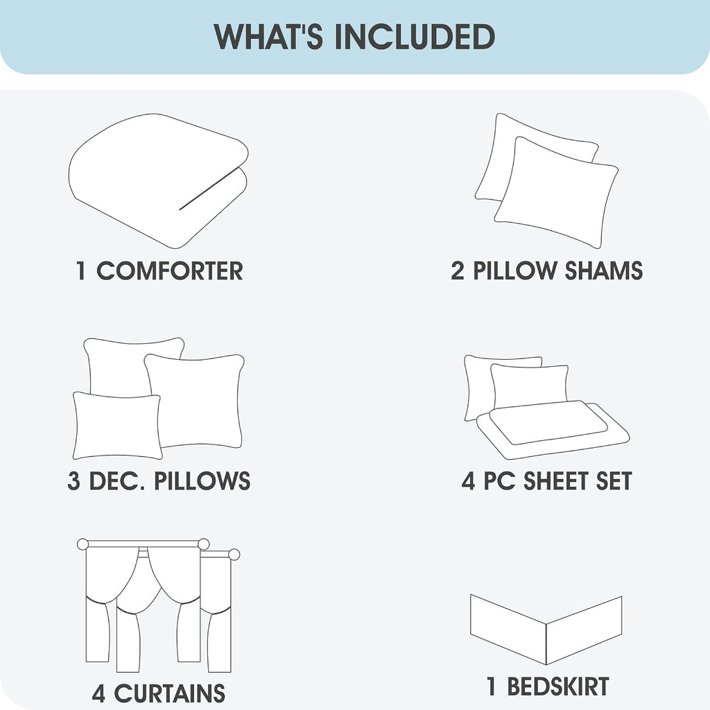 LANCO MODERN LIFESTYLE King Comforter Set, Black Silver, 15 Pieces Room in a Bag, Ultra Soft Jacquard with Patchwork, Luxury Bed Set with Sheets, Curtains, Bed Skirt, Pillow Shams, Cases and Pillows