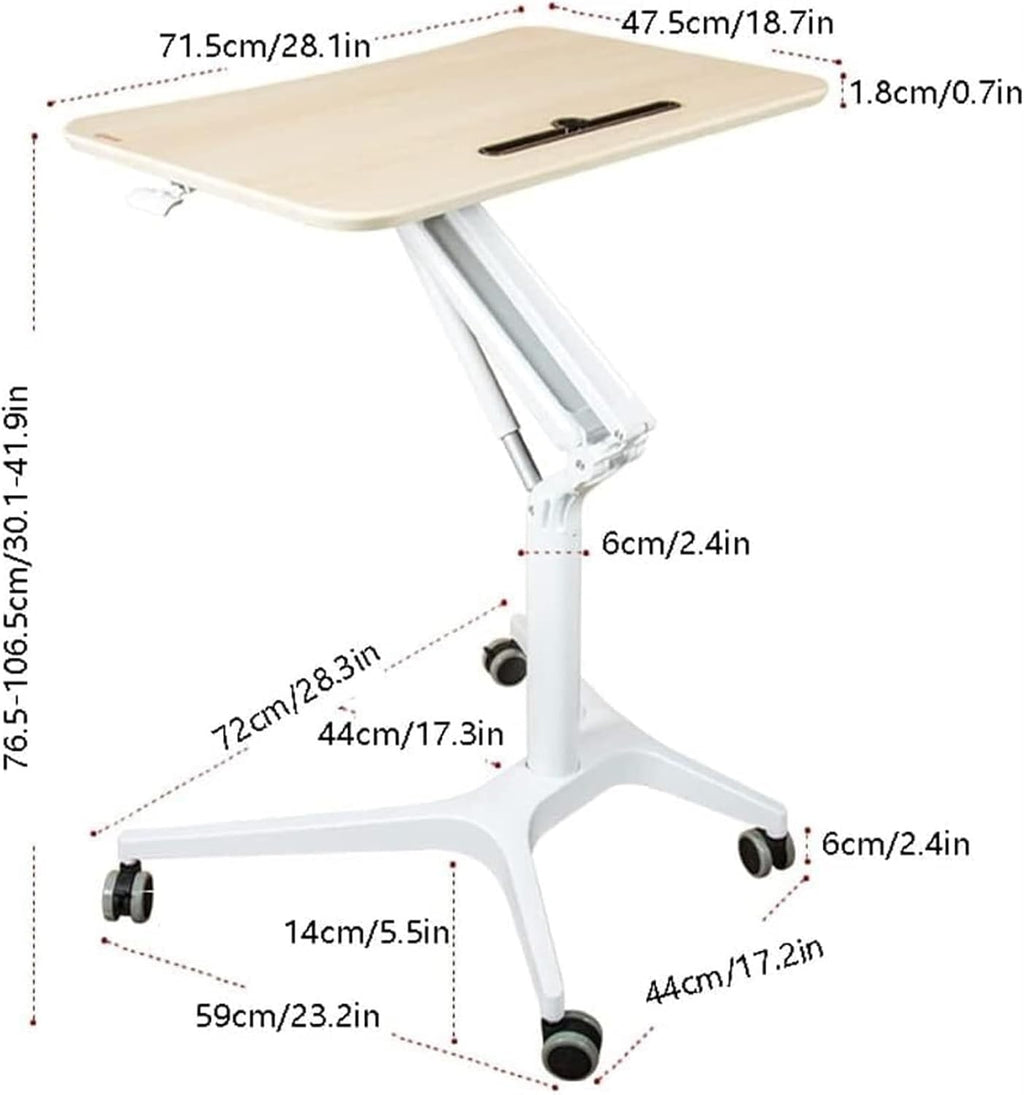 Height Adjustable Overbed Table with Wheels Pneumatic Mobile Standing Desk for Home Use Portable Laptop Desk Rolling Computer Cart