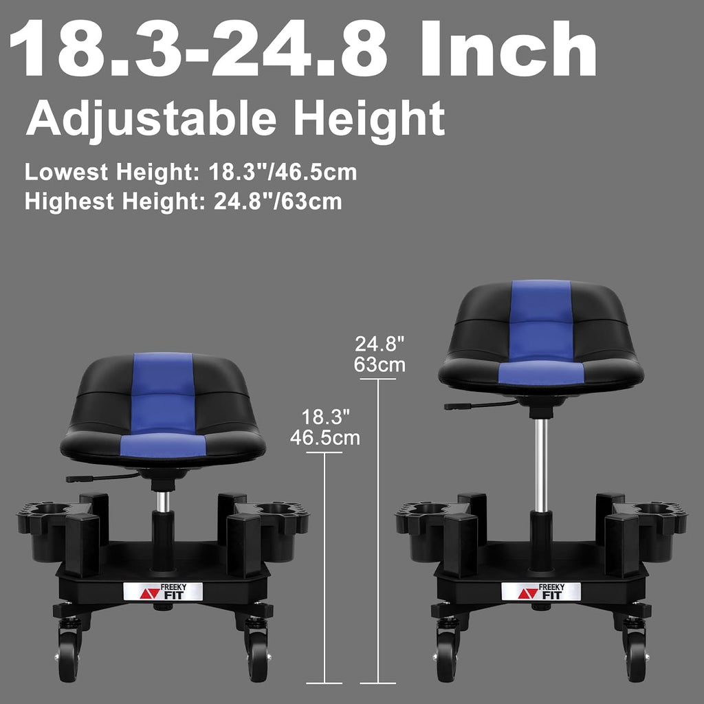 Rolling Stool with Wheels, Adjustable Shop Stool Mechanic Chair Seat Garage Shop Roller Work Chair Mobile Rolling Seat with Tool Tray, 2 Cup Holders, 4' Casters, 350 LBS, Heavy-Duty, Blue
