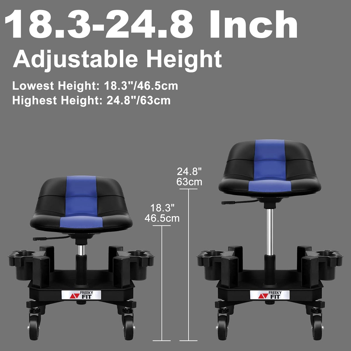 Rolling Stool with Wheels, Adjustable Shop Stool Mechanic Chair Seat Garage Shop Roller Work Chair Mobile Rolling Seat with Tool Tray, 2 Cup Holders, 4' Casters, 350 LBS, Heavy-Duty, Blue