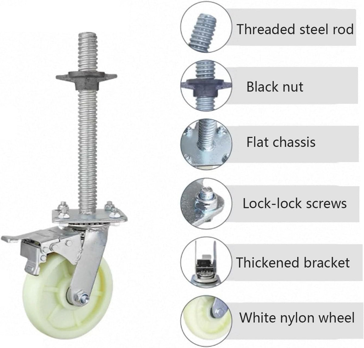 Adjustable 8Inch Swivel Casters with Universal Brake for Scaffolding Locking Mobile Base Set of 4 (White) HeavyDuty Easy Maneuverability Perfect for Industrial Use