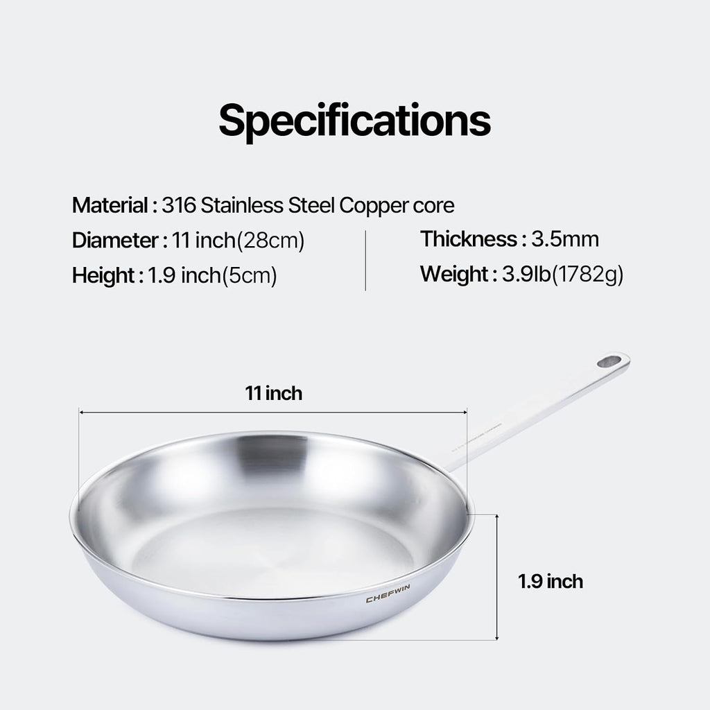 11 Inch Skillet Frying Pan 316 Stainless Steel Copper core 5-Ply Induction compatible Dishwasher & Oven Safe
