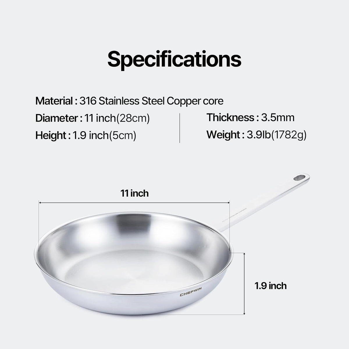 11 Inch Skillet Frying Pan 316 Stainless Steel Copper core 5-Ply Induction compatible Dishwasher & Oven Safe