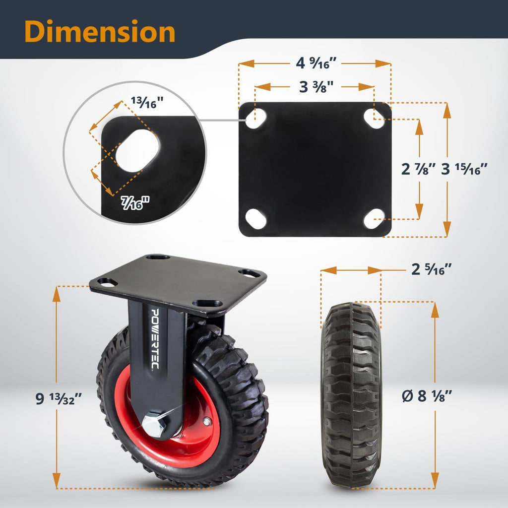 POWERTEC 8 Inch Caster Wheels Set of 8, Heavy Duty Fixed Plate Casters with Rubber Knobby Tread for Workbench, Dolly, Cart, Trolley, Wagon, Toolbox & Chicken Coop, Large Castor Wheels (17053-P8)