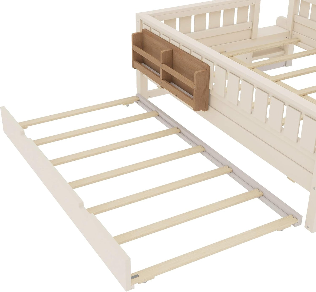 Bellemave Full Bed with Trundle and Stairs, Full Size Platform Bed Frame with Fence and Bookshelf, Easy Assemble Beds for Kids, Girls, Boys, Beige