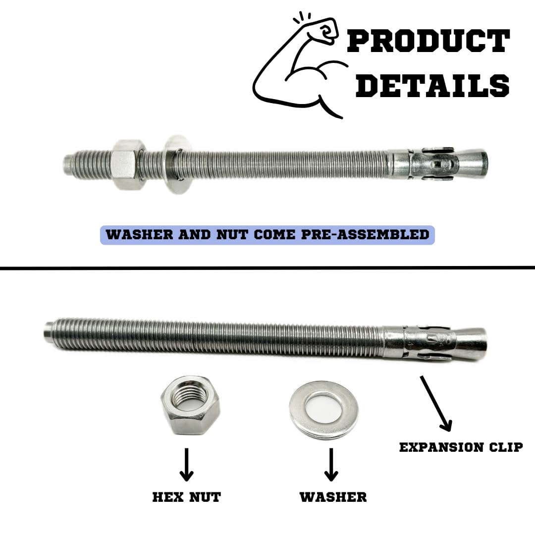 Mighty Fasteners Wedge Anchors – Heavy-Duty 304 Stainless Steel Expansion Bolts for Concrete & Masonry, Rust-Resistant & Durable - 3/4' X 10' - 10 Pack