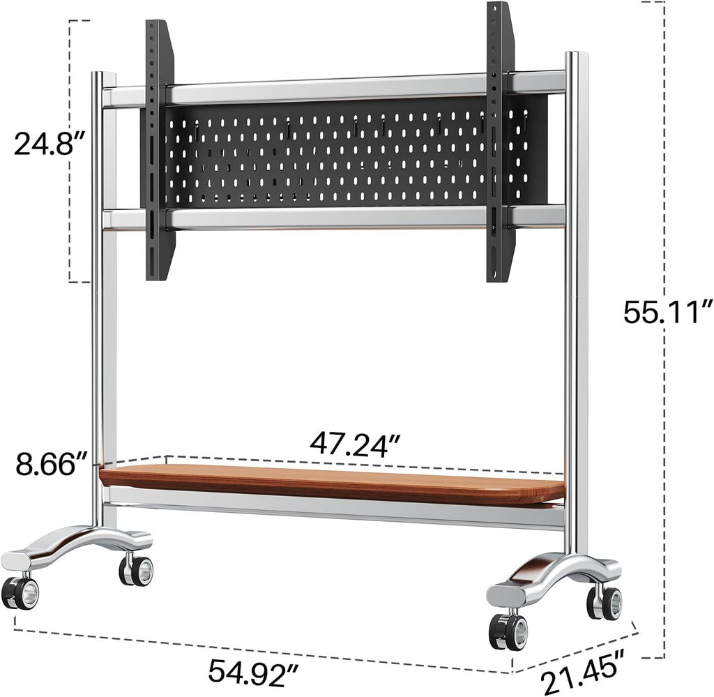 Heavy Duty Mobile TV Stand Easel Rolling TV Cart with Wheel for 65-110 Inch, Stainless Steel Portable Floor TV Stand on Wheels with Storage Pegboard Hold Up to 198 Lbs Max VESA 1200x600mm
