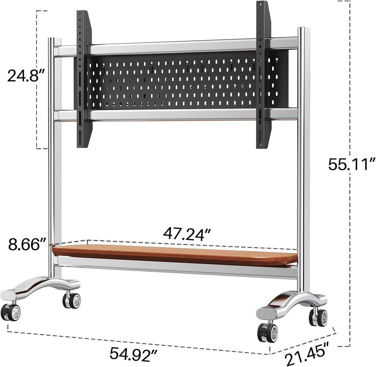 Heavy Duty Mobile TV Stand Easel Rolling TV Cart with Wheel for 65-110 Inch, Stainless Steel Portable Floor TV Stand on Wheels with Storage Pegboard Hold Up to 198 Lbs Max VESA 1200x600mm