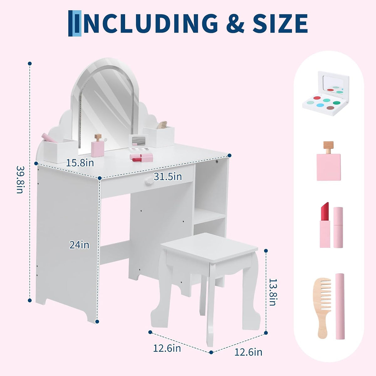 Garvee Kids Vanity with Lighted Mirror & Stool, Little Girls Vanity and Wooden Makeup Playset with Adjustable LED Light, Storage Drawer & Shelves for Girls 3-9, White