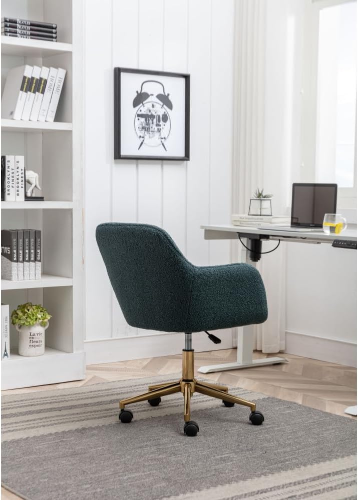 Plush Teddy Fabric Ergonomic Office Chair with Adjustable Height, 360-Degree Swivel Base, and Smooth-Rolling Casters for Home or Workspace (Green + Wool + Foam)