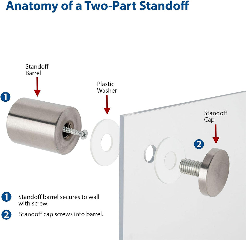 Stainless Steel Standoff 1-1/4 Inch Diameter x 2 Inch Barrel Length Brushed Finish for PVC, Glass and Acrylic Sign Stand Off Wall Anchors and Screws 100 Piece Commercial Space Pack