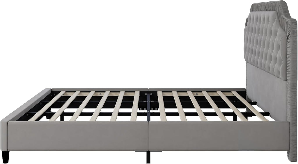 King Size Upholstered Platform Bed Frame with Ruched and Button Tufted Headboard, Tufted Velvet Upholstered Platform Bed with Wood Slat Support for Kids Teens Adult Bedroom (Gray-60v)