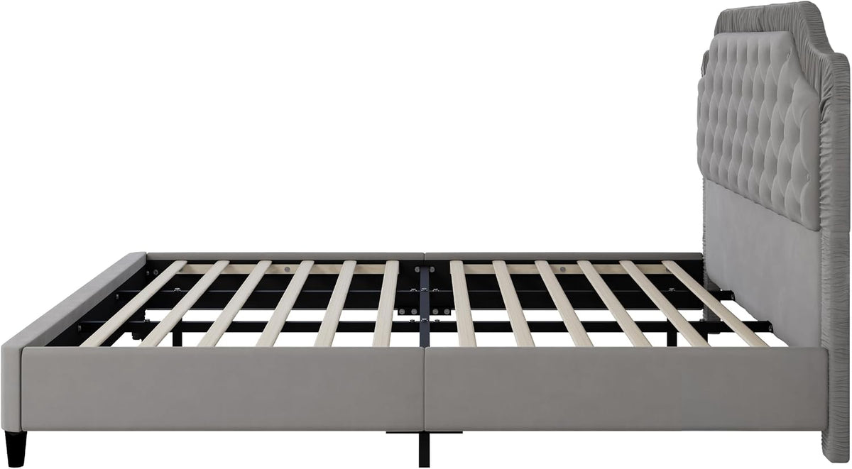 King Size Upholstered Platform Bed Frame with Ruched and Button Tufted Headboard, Tufted Velvet Upholstered Platform Bed with Wood Slat Support for Kids Teens Adult Bedroom (Gray-60v)