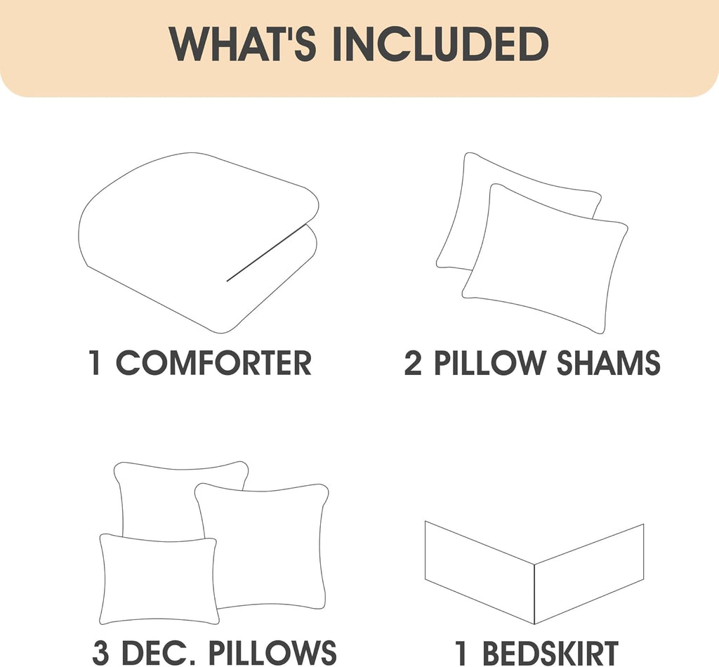LANCO MODERN LIFESTYLE 7 Piece Comforter Set, Taupe White, California King, Boho Style Geometric Microfiber Embroidery, Bed in a Bag with Bedskirt, Pillow Shams and Decor Pillows