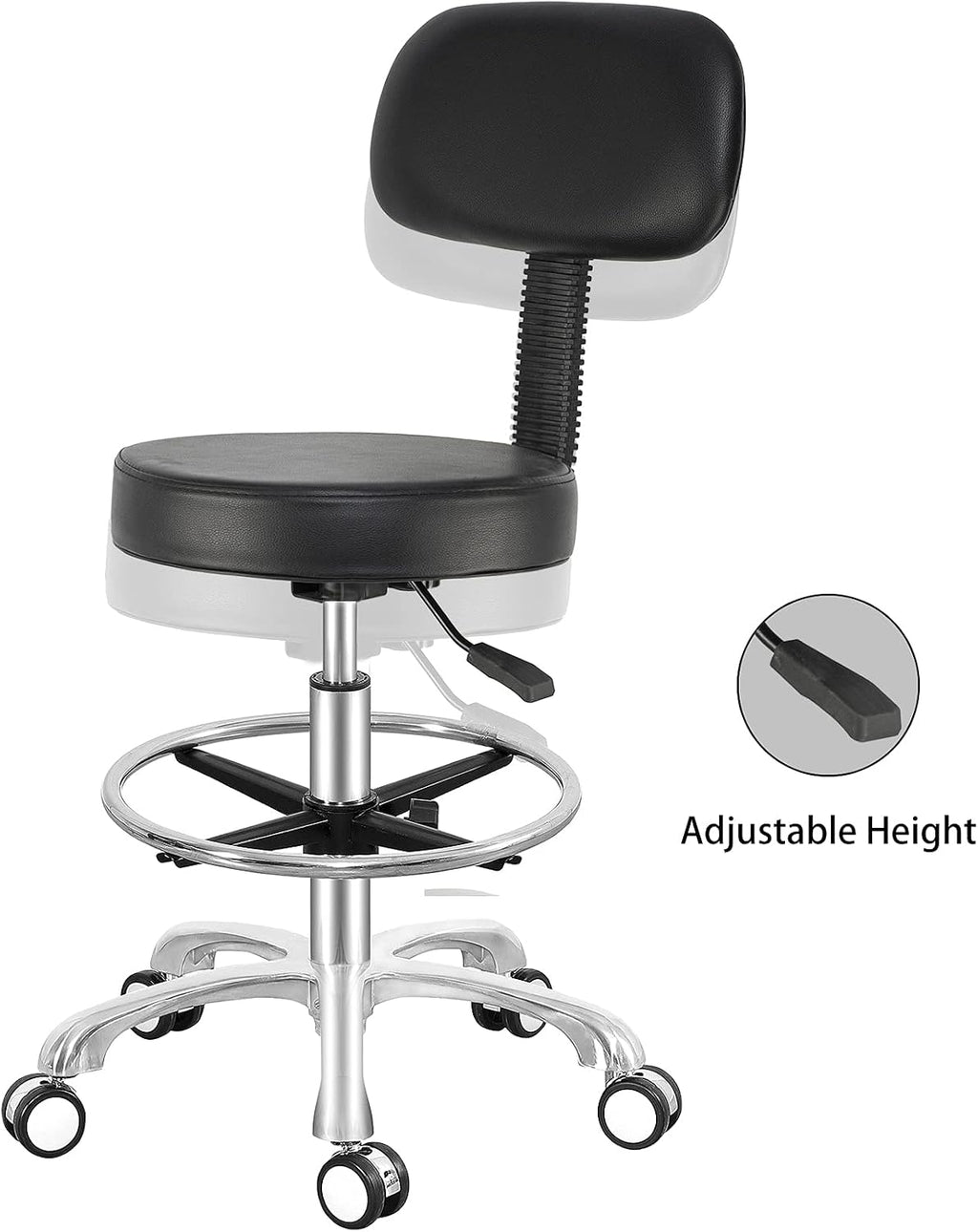 Antlu Rolling Adjustable Stool Drafting Chair for Office Shop Kitchen Medical Salon,Swivel Stool with Wheels and Back (Black, with Foot Ring)