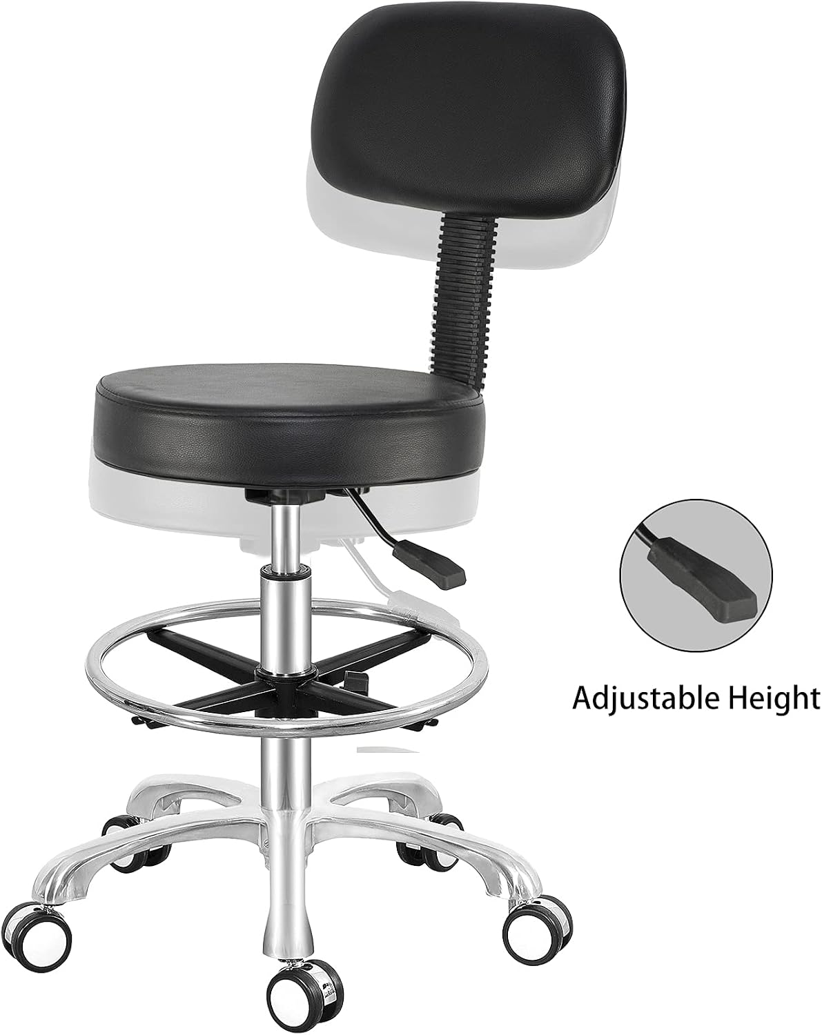 Antlu Rolling Adjustable Stool Drafting Chair for Office Shop Kitchen Medical Salon,Swivel Stool with Wheels and Back (Black, with Foot Ring)