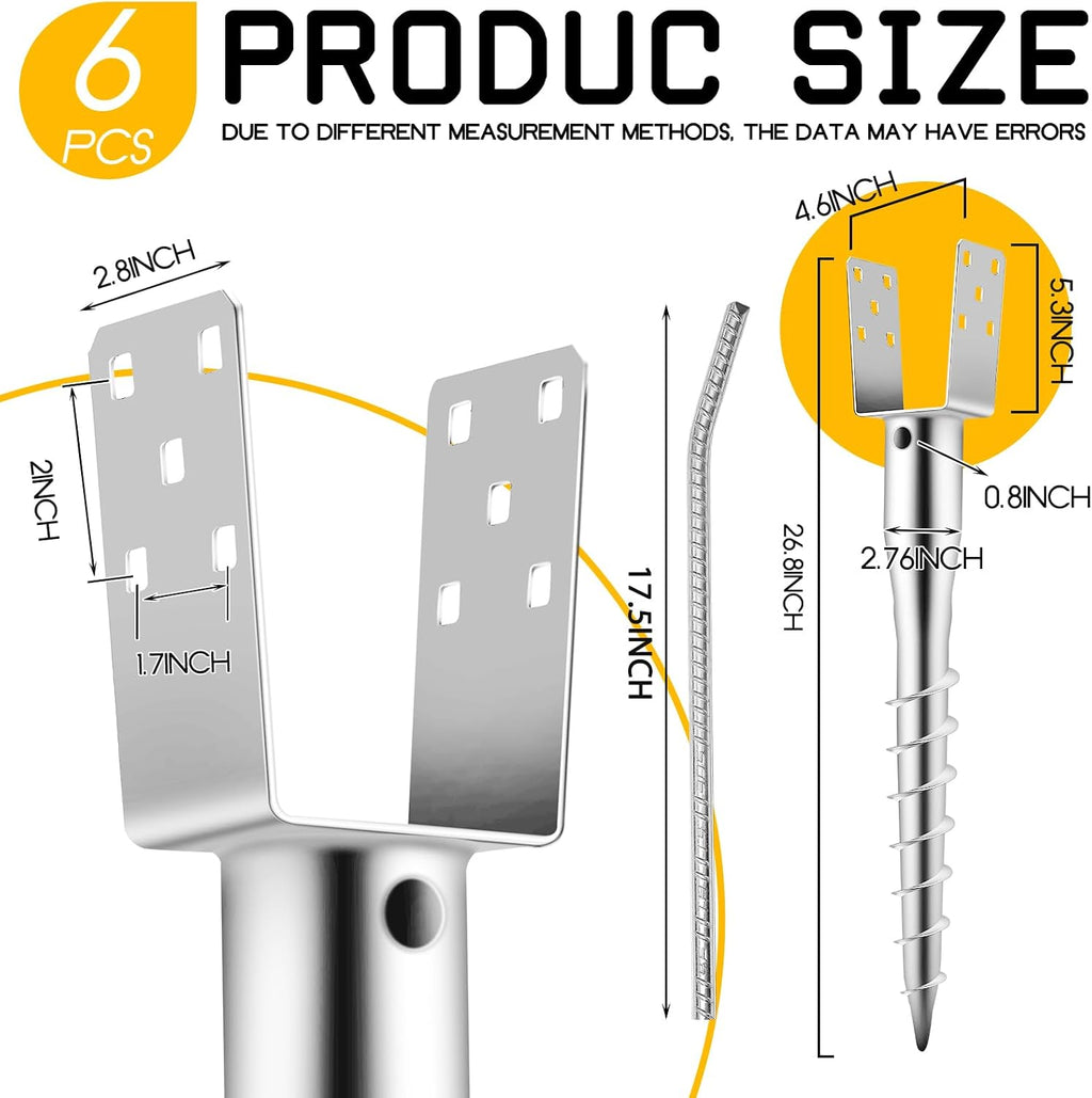 Hicarer 6 Set No Dig Ground Anchor U Model Screw Post Stake Fence Spike, Fits Standard 4 x 4'' Post (4.6 x 4.6 Inch Actual), for Mailbox and Fence (Silver)