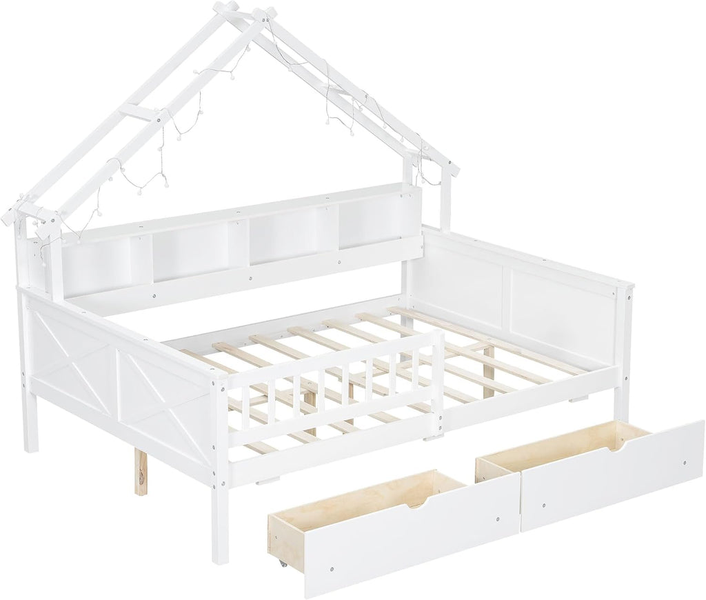 Bellemave Full Size Kids House Bed with Storage Drawers and Led Lights, Solid Wood House Frame Kids Bed with Bookshelf and Roof for Boys,Girls,White