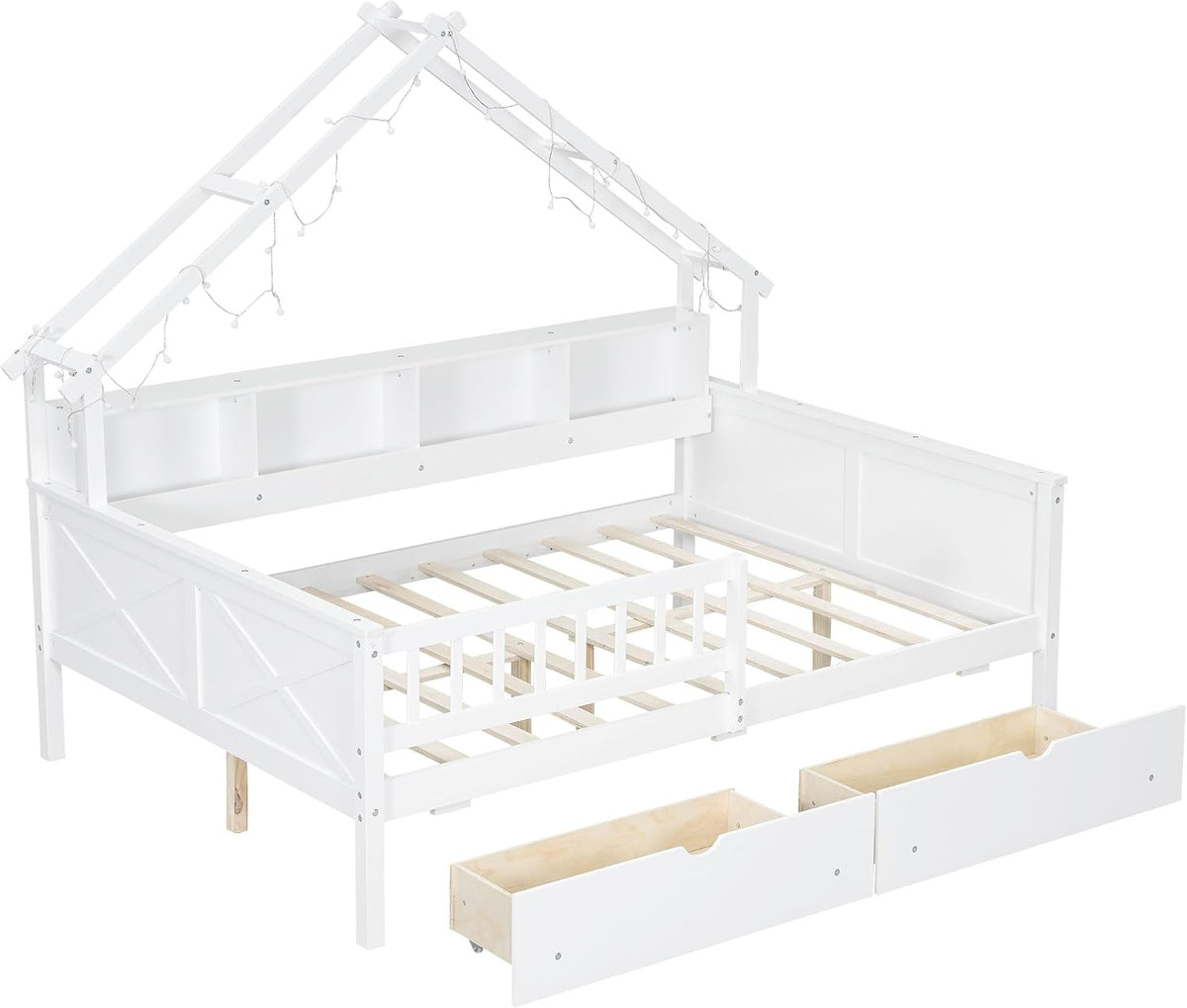 Bellemave Full Size Kids House Bed with Storage Drawers and Led Lights, Solid Wood House Frame Kids Bed with Bookshelf and Roof for Boys,Girls,White